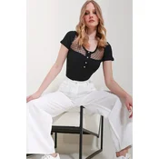Trend Alacati Stili Ženska bluza kratkih rukava ALC-X11580, Okrugli izrez, Crna