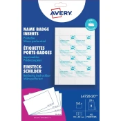 Avery Zweckform papirne predloge za imena za priponke L4728-20. Velikost vložnih kartončkov je 90 x 60 mm, za tiskanje so primerni vsi tiskalniki. V zavitku je 20 listov, vseh kartončkov je 160.