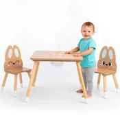 Mamabrum Lesen Otroški Komplet z Mizico in 2 Zajčjima Stolčkoma - Skrita Shramba, Nosilnost 50 kg, Zaobljeni Robovi, Mrežasta Košara