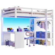 SONNENH Otroška postelja, 140 x 200 cm, masivni les/MDF, bela, 205 x 144.5 x 170 cm, led osvetlitev, priključek usb, za spalnico