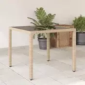 Vidaxl vidaXL Vrtna miza s stekleno ploščo, bež, 90x90x75 cm, poli ratan