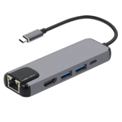 FAST ASIA Adapter konvertor TIP-C na HDMI + 2xUSB 3.0 + TIP C + RJ45 sivi
