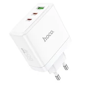 Hoco Mrežni polnilnik za telefon Hoco 2 x USB-C + USB-A GaN QC PD 65 W N30, bel