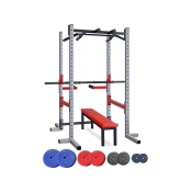 IRON SPORT Kavez sa dodacima za propadanje trbušnjake i zgibove sa ravnom klupom 64kg tegova i 2+1 šipkom