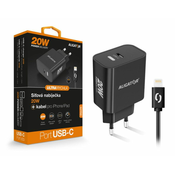 Aligator Power Delivery 20W pametni omrežni polnilnik, kabel USB-C za iPhone/iPad, črn