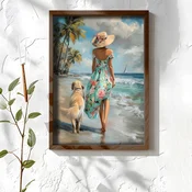 WallXpert uramljena MDF slika NAL017-70, žena u cvetnoj haljini i zlatni retriver šetaju plažom, 50 x 70 cm