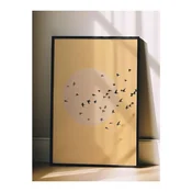 WallXpert uramljena slika 115224, jato ptica ispred svetlog sunca na oker pozadini, 50 x 70 cm, crni ram