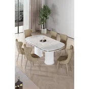 Hanah Home trpezarijski set Galya, sto i 6 stolica, ploca u dekoru belog mermera, hromirane noge, kapucino tkanina Babyface