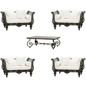 Casa Padrino Luxury Baroque Wrought Iron Furniture Set Dark Brown/White - 4 Armchairs & 1 Coffee Table - Living Room Furniture - Garden Furniture - Luxury Baroque Furniture