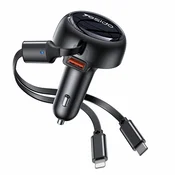 Avtopolnilec Yesido Y61 53W z vgrajenima Type-C in Lightning kabloma ter dodatnim USB-A priklopom - črn