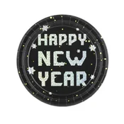Party tanieriky papierové Happy New Year čierno strieborné 6 ks