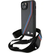BMW M Edition Carbon Tricolor Lines & Strap ovitek za iPhone 15/14/13 - črn