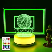 Nikcorp LED 3D nočna lučka za košarko z daljinskim upravljalnikom večbarvna akrilna plošča 8 RGB diod 17 toplih belih PC podstavek USB Type-C ali 3xAA časovnik, nastavitve svetlosti, 4 načini utripanja