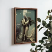 WallXpert uramljena MDF slika NAL150-46, ronilac i sirena u zagrljaju pod vodom, vintage stil, 35,5 x 47 cm