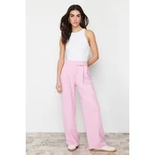 Trendyol Pink Belt Velcro High Waist Pleated Wide Leg Knitted Trousers