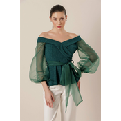 By Saygi Madonna Collar Sleeve Organza Belted Silvery Lycra Blouse