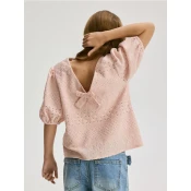 Reserved - Bluza z napihnjenimi rokavi in čipko - prašna vrtnica