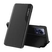 HURTEL Eco usnjen etui z okencem za Xiaomi 13 Lite s poklopcem, stojalo, črn