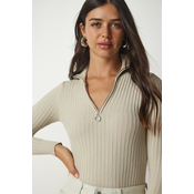 Happiness Istanbul Womens Beige Zipper Stand Up Collar Corduroy Knitwear Blouse
