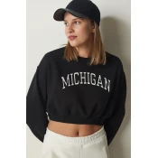 Happiness Istanbul Womens Black Printed Crop Knitted Sweatshirt