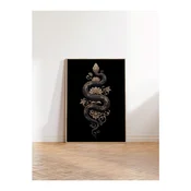 WallXpert uramljena slika 115259, crna zmija sa zlatnim cvetnim ornamentima na crnoj pozadini, 30 x 40 cm, ram u boji prirodnog drveta