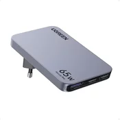 Stenski polnilec Ugreen Nexode Pro X753 65W z 1x USB-A in 2x USB-C izhodi za hitro polnjenje - siv