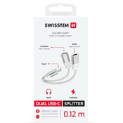 SWISSTEN NABIJALNI AUDIO ADAPTER TEKSTILNI USB-C (moški) / 2x USB-C (ženski) 0,12 M BELI