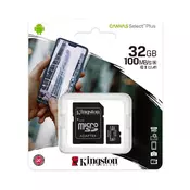 Kingston Memorijska kartica 32GB microSDHC sa SD adapterom SDCS2/32GB - A1, Class 10, Canvas Select Plus, Brzina citanja 100 MB/s