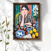 WallXpert uramljena MDF slika NAL124-46, žena za stolom sa limunovima i plavim porcelanom, 35,5 x 47 cm