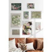 WallXpert set od 8 uramljenih slika Çgs-074, zeleni botanicki motivi, beli labud i ilustracije devojaka u anime stilu, beli ram