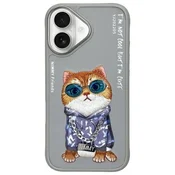 slomart Etui Nimmy Glasses Cool Cat za iPhone 16 - sivo
