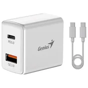 Genius PD-20ACP, napajalnik, univerzalni, 20 W, 1 x USB-C, 1 x USB, PD 3.0, QC 3.0, bel + 1 m kabla USB-C