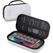 Trdi zaščitni etui za Nintendo Switch 2, potovalna torbica, bela, 26x13x6 cm, trislojna zaščita, prostor za 10 iger, mrežast žep za dodatke, silikonski ročaj, notranjost iz mikrofibre, dvojna zadrga