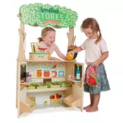 Lesena gozdna trgovinica z gledališčem Woodland Stores and Theatre Tender Leaf Toys z lutkami in torbico