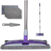 Nikcorp Ploski mop za čiščenje tal s teleskopsko palico 129 cm iz nerjavnega jekla, vrtljiva glava 360 stopinj, komplet 4 nastavkov (3 iz mikrovlaken, 1 iz šenila), za laminat, les in ploščice
