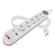Podaljšek 3 m / 5 vtičnic / s stikalom / belo-siv / 1×USB-A + 1×USB-C / 1,5 mm2