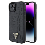 Ovitek Guess za iPhone 15 Black Croco Triangle Metal Logo
