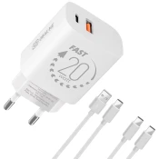 OBAL:ME Potovalni Polnilec USB-A + USB-C 20W + 2x kabel 1m White