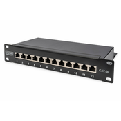 CAT 6A Patch Panel, shielded,12-Port label field, 1U, 10 rack mount, black RAL 9005