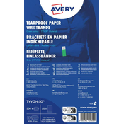 Avery Zweckform identifikacijske zapestnice TYVGN-50 so narejene iz trpežnega Tyvek materiala. Velikost zapestnic je 19 x 256 mm, barva neonsko zelena. Zapestnice so na listih A4 in se jih enostavno loči.