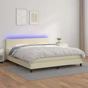 vidaXL Box spring postelja z vzmetnico LED krem 160x200cm umetno usnje