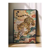 WallXpert uramljena slika 115253, leopard u orijentalnom stilu medu šarenim oblacima, 30 x 40 cm, crni ram