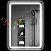 HOMCOM Ogledalo za kopalnico z LED lučjo 50x70 cm, stensko ogledalo z bluetooth, osvetljeno od zadaj, 3 barve z možnostjo zatemnitve, funkcija spomina, proti zamegljevanju, touch stikala, iz kaljenega stekla