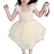 Otroška obleka za deklice iz tila tutu Elegantna slavnostna z mašno bež 6-7 let 120 cm 100 % poliester linija A brez rokavov elastičen trak princeski stil za rojstni dan krst poroko