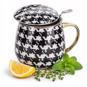 Porcelanasta skodelica z infuzerjem v darilni škatli s karirastim vzorcem