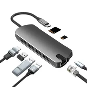 INF 8-v-1 USB-C Hub z USB 3.0, HDMI, RJ45, režo za kartice SD/TF, 100 W PD polnjenje, (21732177)