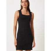 Happiness Istanbul Womens Black Square Neck Thick Strap Knitted Dress