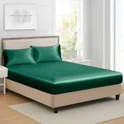 Nikcorp Ploščata rjuha z elastiko premium poliesterski saten Smaragdno zelena 160 x 200 cm za vzmetnice do 30 cm brez gub
