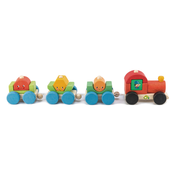 Drvena slagalica s motivom vlakića Happy Train Tender Leaf Toys 14-dijelni set s 3 vagona i geometrijskim oblicima od 18 mjeseci starosti