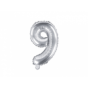 PartyDeco Mini balon iz folije - številka 9 srebro 35cm